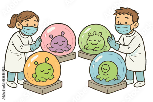 Alien Bubble Haven. Friendly doodle quarantine bay where tiny aliens rest in colorful bubbles while happy caretakers check