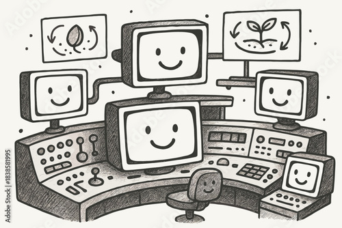 Whimsical Control Room. Playful doodle control room filled with happy monitors and floating seed diagrams showing time-shifted