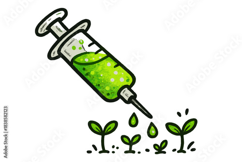 Glowing Fertilizer Syringe. Playful doodle syringe filled with glowing liquid fertilizer, tiny droplets turning into green sprouts