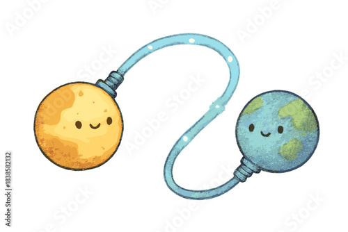 Intergalactic Connection. Adorable doodle patch cable stretching through space to connect two tiny planets, gentle light pulses