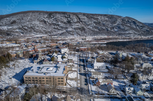 Aerial view of Bellows Falls, Vermont in early winter 