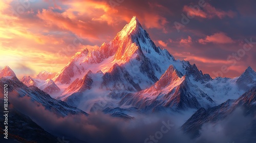Majestic snowcapped mountain peak at fiery sunset with dramatic clouds