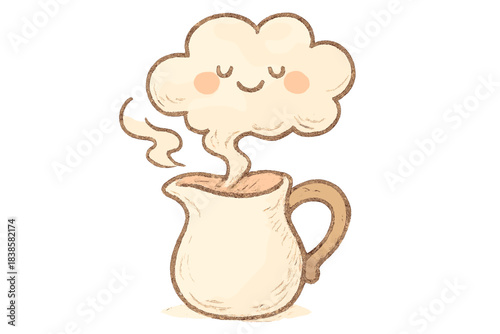Playful Milk Jug. Playful doodle milk jug releasing steam that turns into a fluffy smiling cloud, soft morning café feeling, No