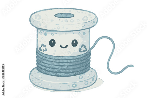 Recycled Thread Art. Adorable doodle spool of thread made from recycled plastic, transparent and bubbly texture with tiny