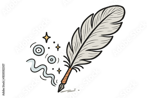 Whispering Feather Pen. Playful doodle feather pen that writes with gentle whispers, faint sound waves and sparkles drifting from