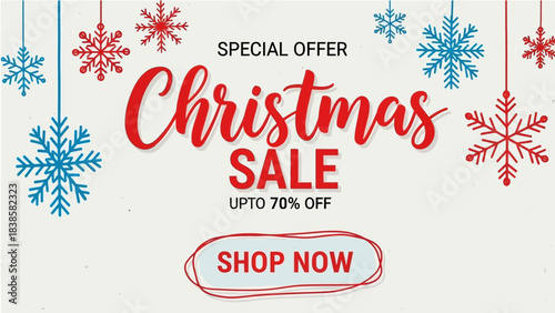 Stunning Christmas Sale banner design offering upto 70% off with vibrant snowflakes and clear shop now call to action for holiday promotions