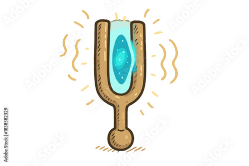 Magical Doodling Fork. Sweet doodle tuning fork humming with light, a small dimensional tear glowing softly between its prongs, No