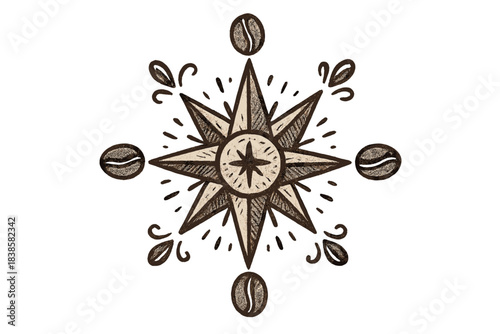 Coffee Bean Compass. Sweet doodle compass rose replaced with a coffee motif, beans forming cardinal points, No text, No labels,