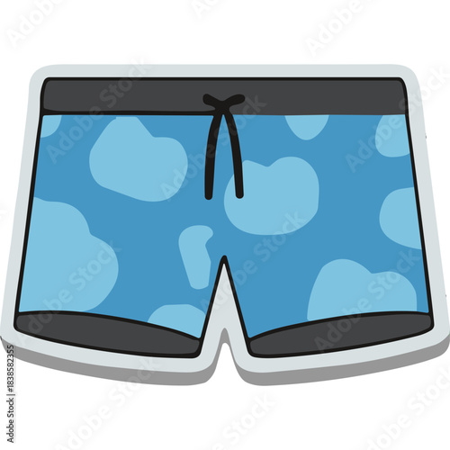 Blue Swimming Trunks with Abstract Light Blue Cloud Pattern and Black Waistband Detailed Flat Design Vector Illustration