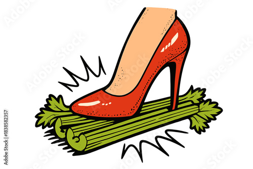 Celery Stalk Artistry. Sweet doodle celery stalks arranged neatly like sound props under a glamorous shoe, comic sound artistry