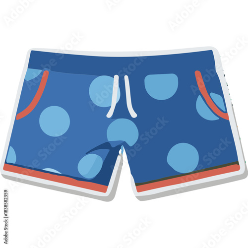 Blue Swim Shorts With Light Blue Polka Dots And Red Trim On Waistband and Hem Featuring White Drawstring Detailed Flat Illustration
