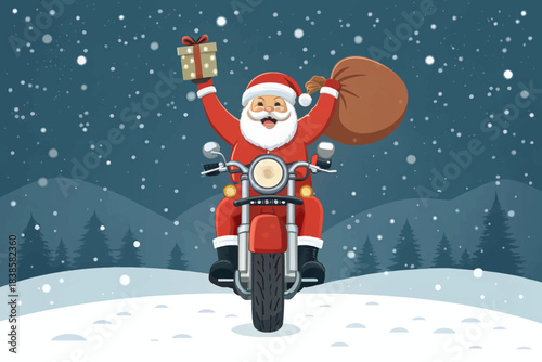 Dynamic Santa Claus joyfully riding a red motorcycle through a snowy winter landscape delivering presents and holiday cheer