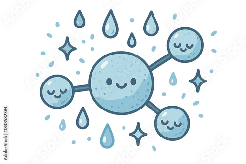 Molecular Structure Radiance. Adorable doodle molecular structure surrounded by tiny droplets and sparkles, radiating the fresh