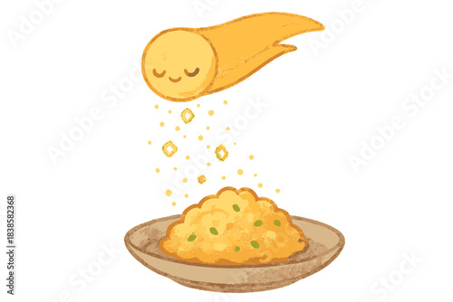 Comet Seasoning Sprinkles. Adorable doodle comet’s tail being used as a sprinkle of seasoning, glowing particles drifting like