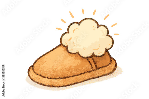 Fluffy Cloud Slippers. Adorable doodle slipper with a fluffy woolen cloud puff on top, radiating warmth and cozy bedtime charm, No