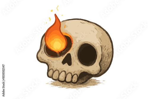 Ember in Eye Socket. Adorable doodle single ember resting in an empty eye socket, flickering gently like the spark of new life, No