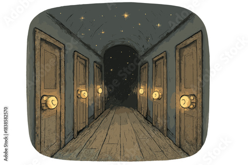 Mystical Corridor Knobs. Sweet doodle mysterious corridor where knobs shimmer like constellations, each symbol hinting at a secret