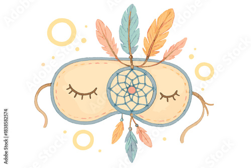 Dream-Catching Mask. Sweet doodle dream-catching mask adorned with feathers and drifting light rings of memory, No text, No labels