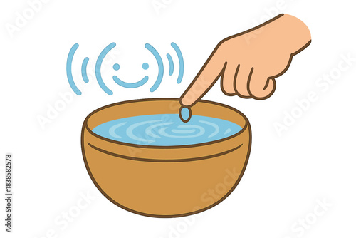 Harmonious Ripples. A wet finger touching the rim of a spinning singing bowl, creating gentle ripples and smiling sound waves