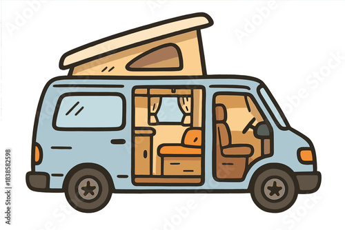 Cozy Van Interior. A side view of a van with pop-up roof and open door showing small cozy living space, friendly doodle