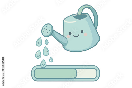 Joyful Watering Can. A happy watering can pouring onto a "skill" bar, tiny droplets with smiling faces, soft rounded friendly