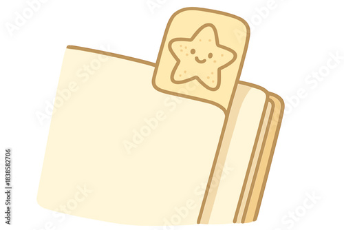 Smiling Star Bookmark. A bookmark peeking out of a page with a tiny smiling "chapter finished" star, soft rounded edges, limited