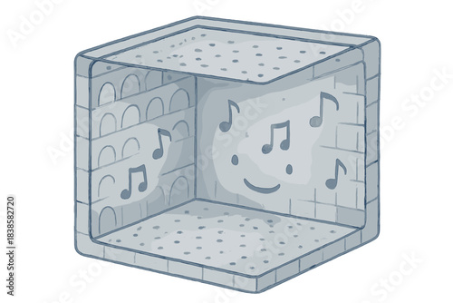 Soundproof Haven. A smiling blueprint of a room that traps and preserves sound, tiny musical notes floating gently, soft rounded