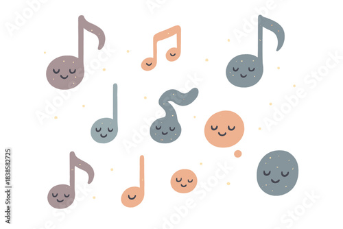 Imaginary Sound Spectrum. A whimsical chart of "sounds that cannot exist", tiny floating notes with gentle faces, soft rounded