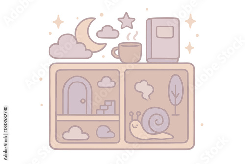Dream Artifacts Display. A whimsical classified shelf holding "recurring dream" artifacts, tiny cheerful sparkles around, soft