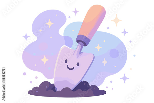 Cosmic Garden Trowel. A smiling trowel tilling soil between dimensions, tiny floating stars and sparkles around, soft rounded