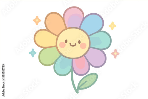 Multiverse Petal Playfulness. A playful flower with multiverse petals, tiny happy sparkles hovering, soft rounded doodle shapes,