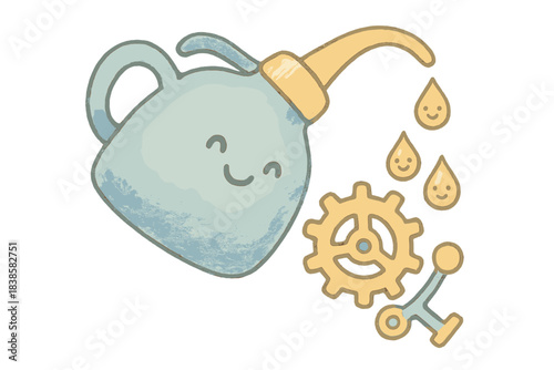 Cheerful Oil Can. A cheerful oil can dripping tiny smiling drops onto an escapement, soft rounded doodle forms, pastel blue and