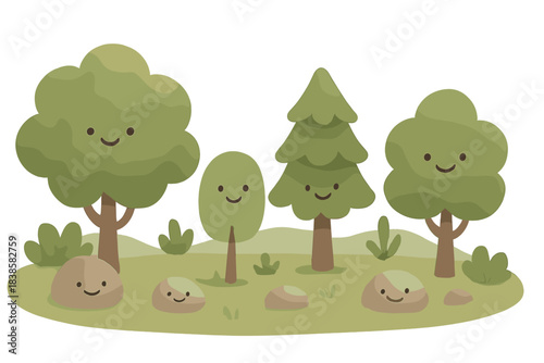 Playful Habitat Scene. A playful "habitat reconstruction" background layer with tiny smiling trees and rocks, soft rounded