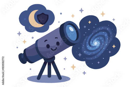 Cosmic Telescope Delight. A smiling telescope viewing a clear galaxy under a cheerful "protected darkness" symbol, tiny stars
