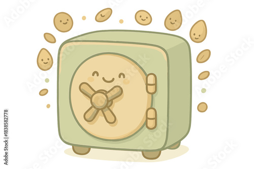 Joyful Seed Vault. A happy "seed bank" vault with tiny smiling seeds floating around, soft rounded friendly shapes, pastel green