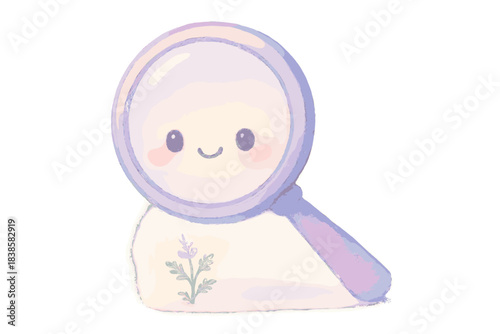 Smiling Magnifier Magic. A cute magnifier with a smiling face, highlighting a tiny "forgotten herb," soft magical pastel tones, No
