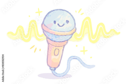 Smiling Microphone Doodle. A playful specialized microphone with a smiling face, emitting a glowing "tingle" frequency waveform,