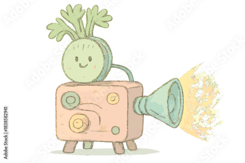 Celery Projector Whimsy. A whimsical film projector with a smiling celery stalk as a reel, soft pastel doodle style, No text, No