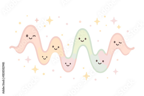 Playful Waveform Sparkles. A cute "oscillator tuning" waveform with winking peaks and valleys, floating sparkles, soft harmonious
