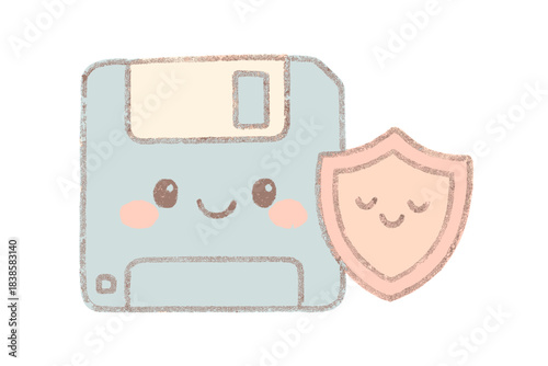 Cheerful Floppy Disk. A cheerful floppy disk with a smiling "bit rot prevention" shield, soft pastel doodle style, No text, No
