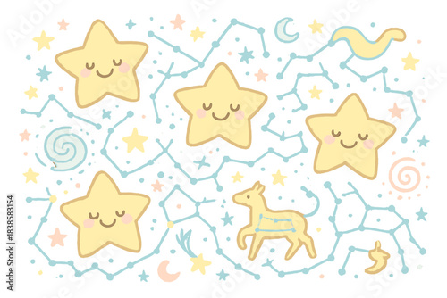 Cheerful Pastel Star Chart. A cheerful star chart with smiling "swell pattern" overlays, soft pastel doodle style, No text, No