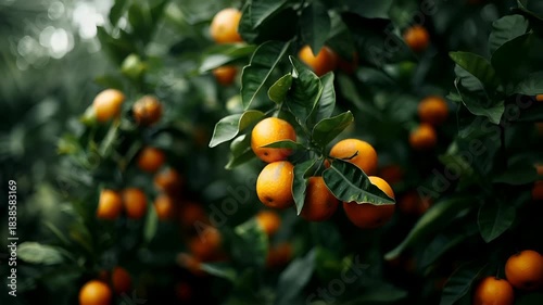A closeup shot of a citrus tree with ripe oranges hanging from its branches. The oranges are a vibrant orange color, and the leaves are a deep green. The background is blurred.