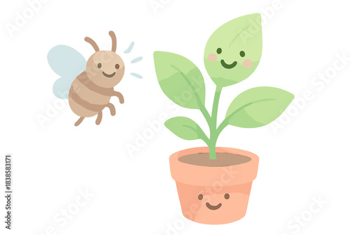 Joyful Pest and Plant. A smiling early warning pest icon hovering near a joyful plant, gentle pastel accents, No text, No labels,