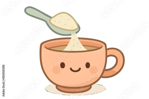 Smiling Sugar Cup. A cute "borrow sugar" icon of a smiling shared cup, soft harmonious pastel palette, No text, No labels,