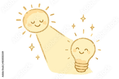 Radiant Lightbulb Glow. a smiling sunbeam gently lighting up a happy lightbulb surrounded by tiny sparkles, cozy doodle style,