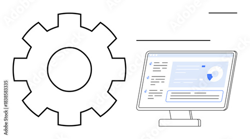 Workflow automation, data analysis, technology systems, software tools, operations, system integration. Gear icon beside a desktop screen with data display. Workflow automation and data analysis