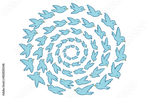 Spiral of Smiling Birds. a flock of birds flying in a smooth spiral, each with a tiny smile, moving in perfect unity, sky blue and