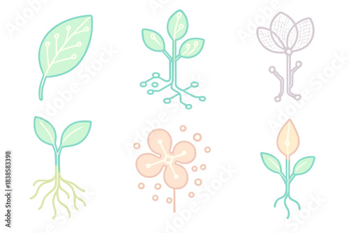 Botanical Circuitry Art. Isometric vector illustration set Botanical circuitry: glowing leaf veins, circuit board stems, petal