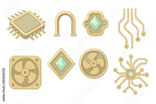 Electric Ornamentation Elegance. Isometric vector illustration set Electric ornamentation: gilded microchips, curved metallic