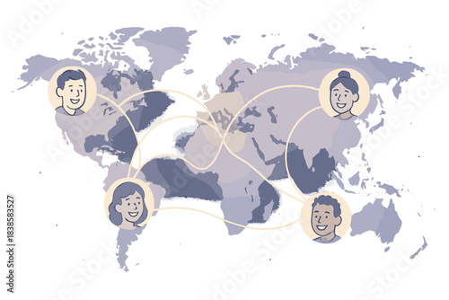 Global Remote Connections. a glowing world map where paths connect joyful faces working remotely in different time zones,